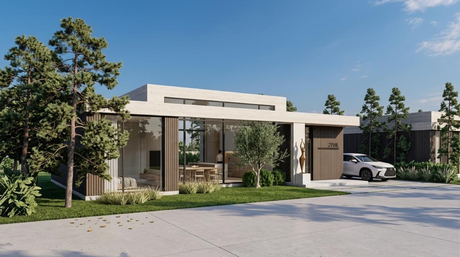 Easy Village — fasada z kamienia, drewna i szkła